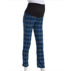Due Time Maternity Over the Belly Elastic Waist Leggings Blue Teal Black Plaid